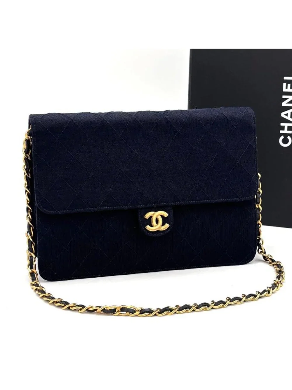 Chanel Quilted Cotton Chain Shoulder Bag Navy Gold